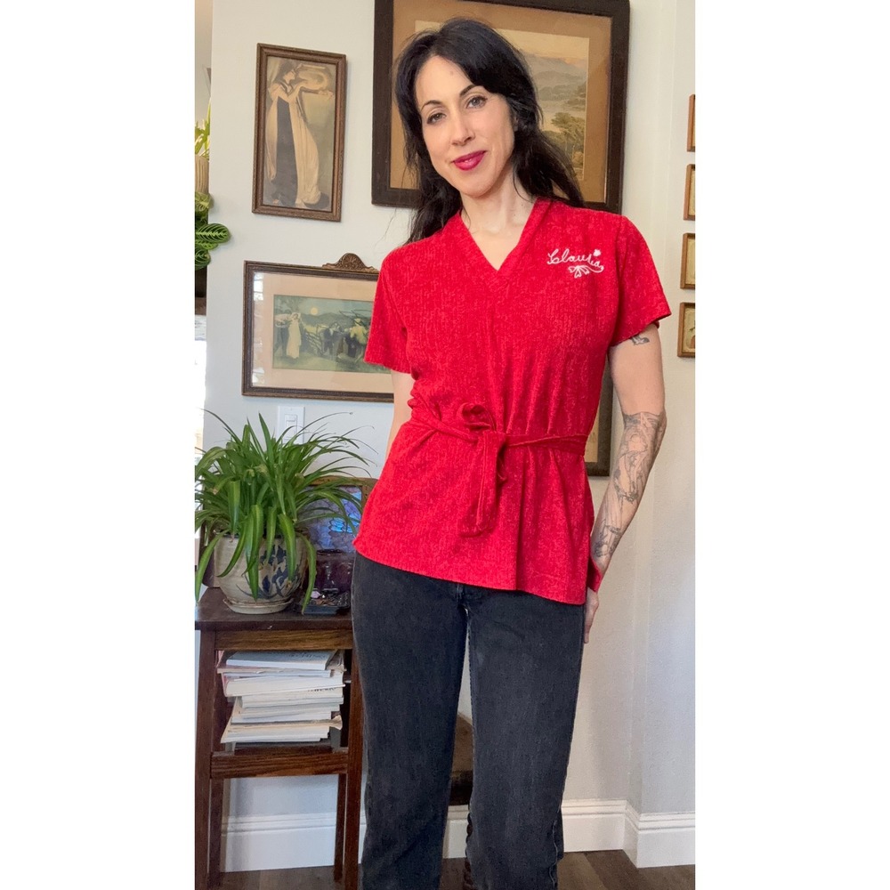 Vintage 60s 70s King Louie Creation Red Ribbed V-Neck Top T Shirt Terry Retro